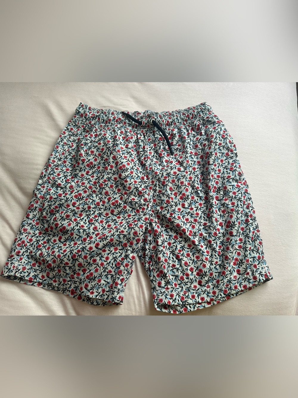 Kids White Floral Swim Shorts with Red Accents
